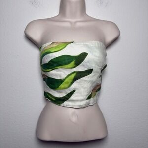 Megasconi Women 100% Linen Tropical Tube Top XS Leaf Smocked Resort Vacation